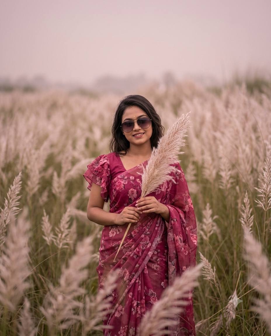 Indian Woman in Pink Floral Saree with Sunglasses in Kash Flower Field AI image prompt