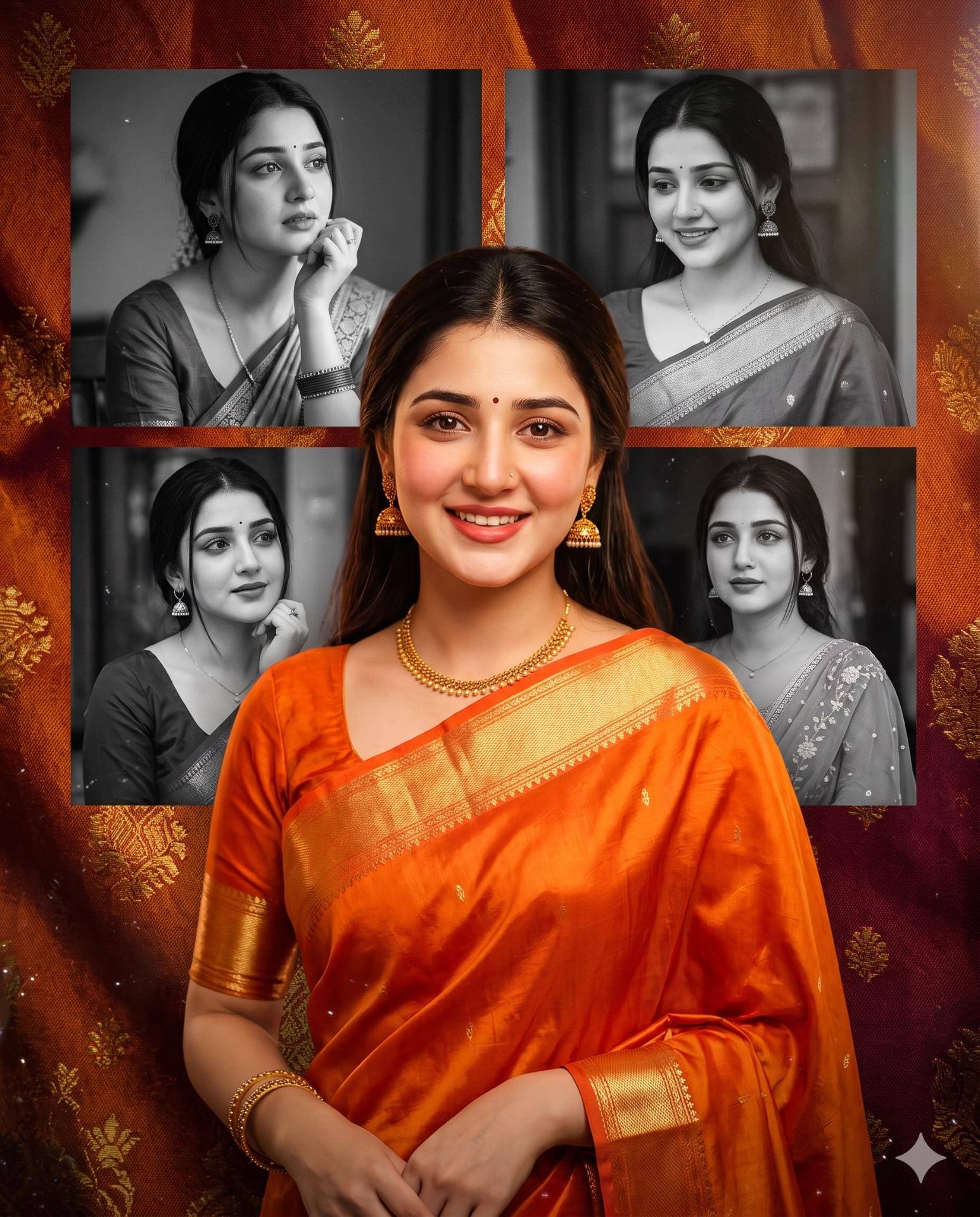 Indian Woman Saree Collage AI Image Prompt Gemini | Orange Silk Saree & Traditional Jewelry