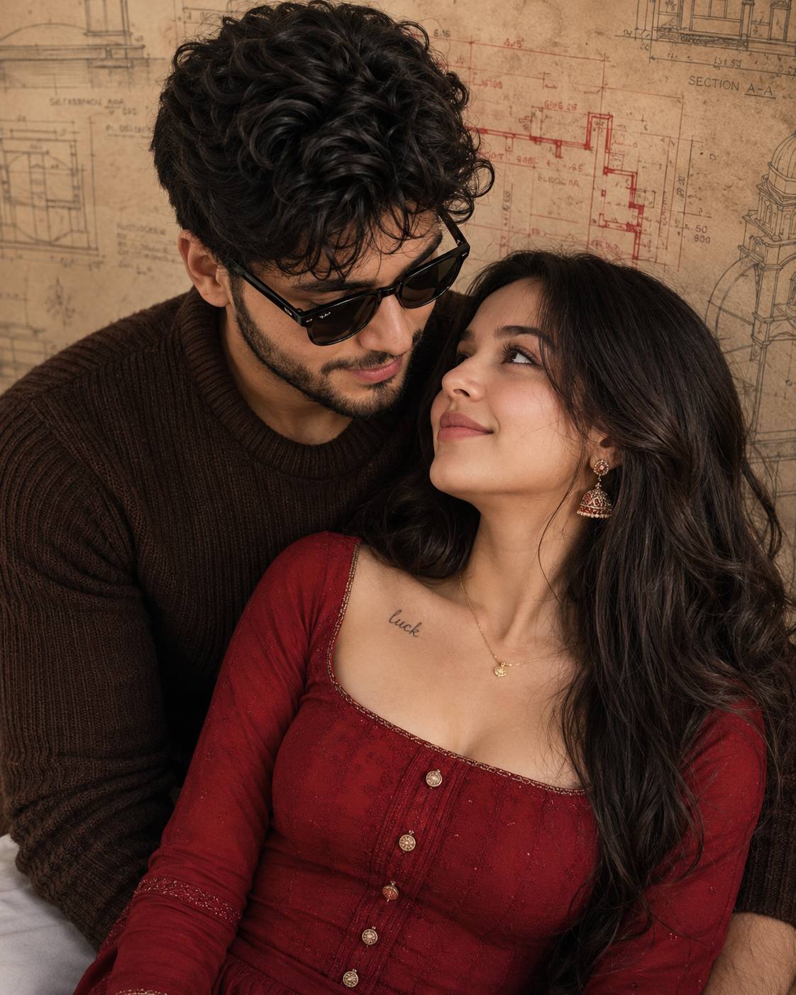 Intimate Romantic Couple Portrait with Deep Red Dress and Cinematic Warm Lighting AI Image Prompt