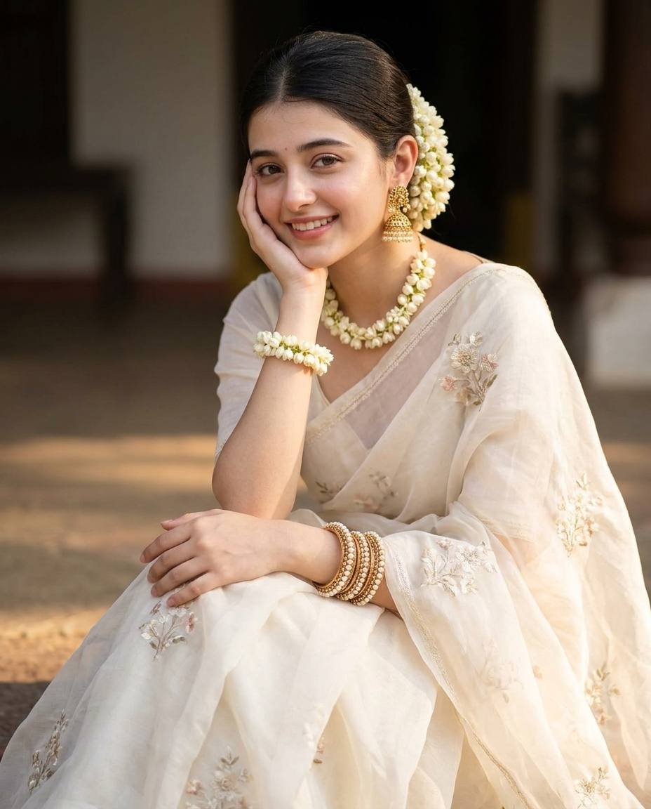 Ivory White Organza Saree & Jasmine Flower Jewelry AI Prompt: Consistent Indian Girl Face