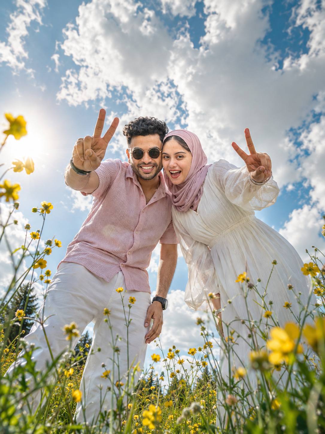 Joyful Couple in Wildflower Meadow – Ultra-Low Angle Cinematic Spring Portrait AI Prompt