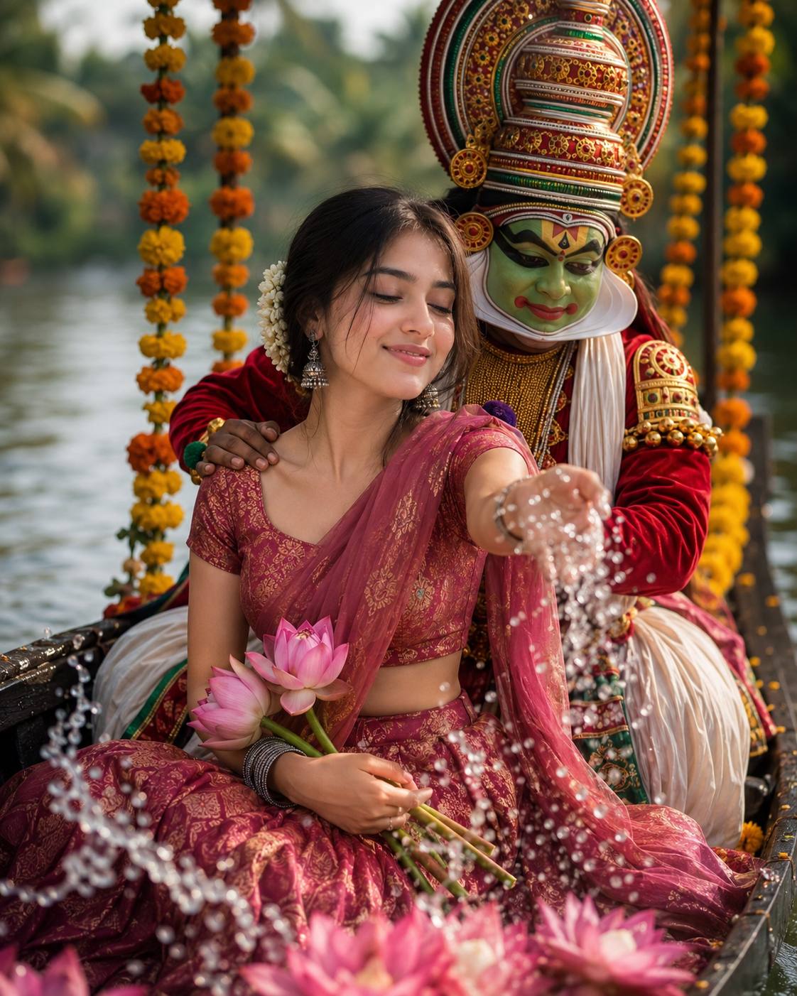 Kerala Onam Utsav Portrait with Pink Lotus and Kathakali Artist AI Image Prompt