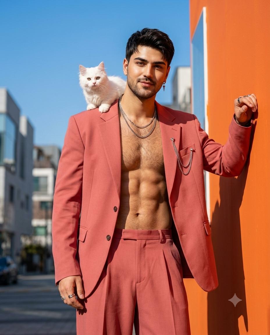 Korean Street Fashion Editorial Style AI Image Prompt | Pastel Red Suit & Munchkin Cat