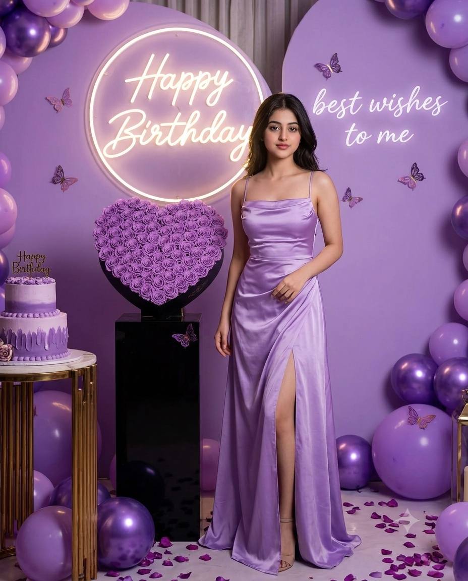 Glamorous Purple Birthday Photoshoot AI Prompt | Neon Sign & Face Lock