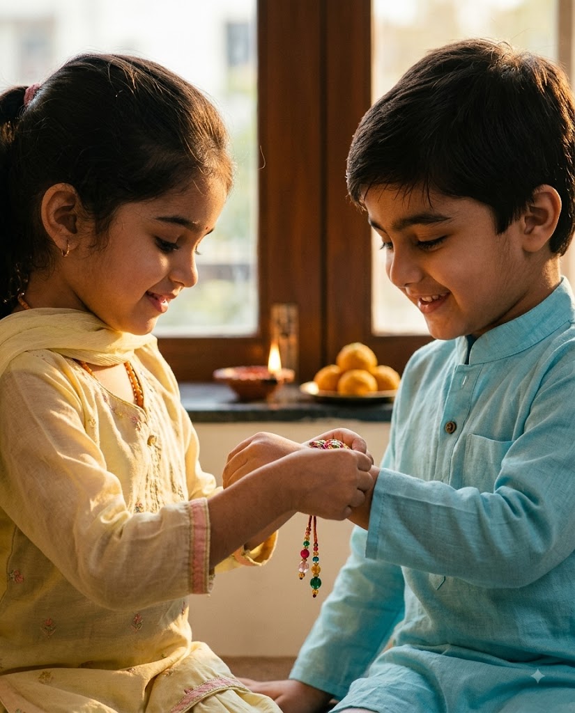 Little Brother-Sister Rakhi AI Photo – Cinematic Childhood Raksha Bandhan Moment