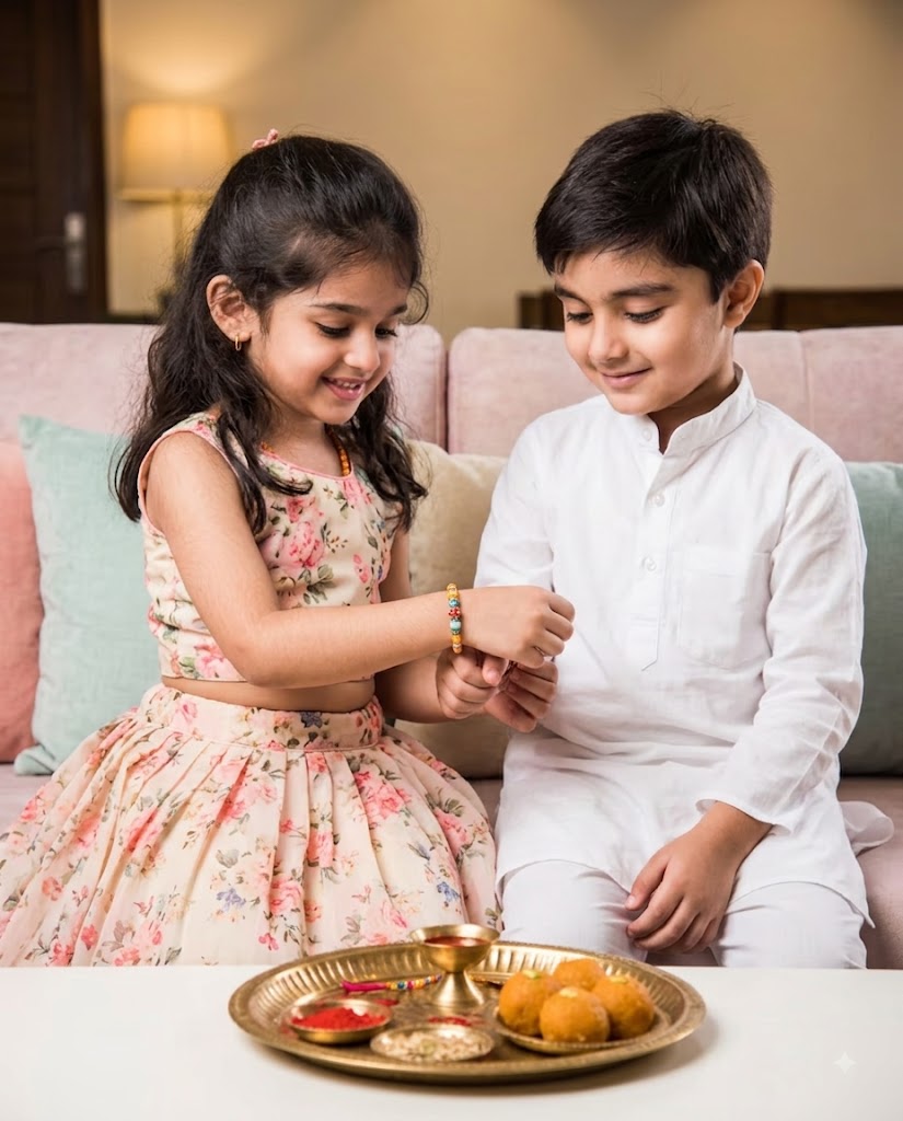 Little Sister Tying Rakhi AI Photo – Heartwarming Brother-Sister Raksha Bandhan Portrait