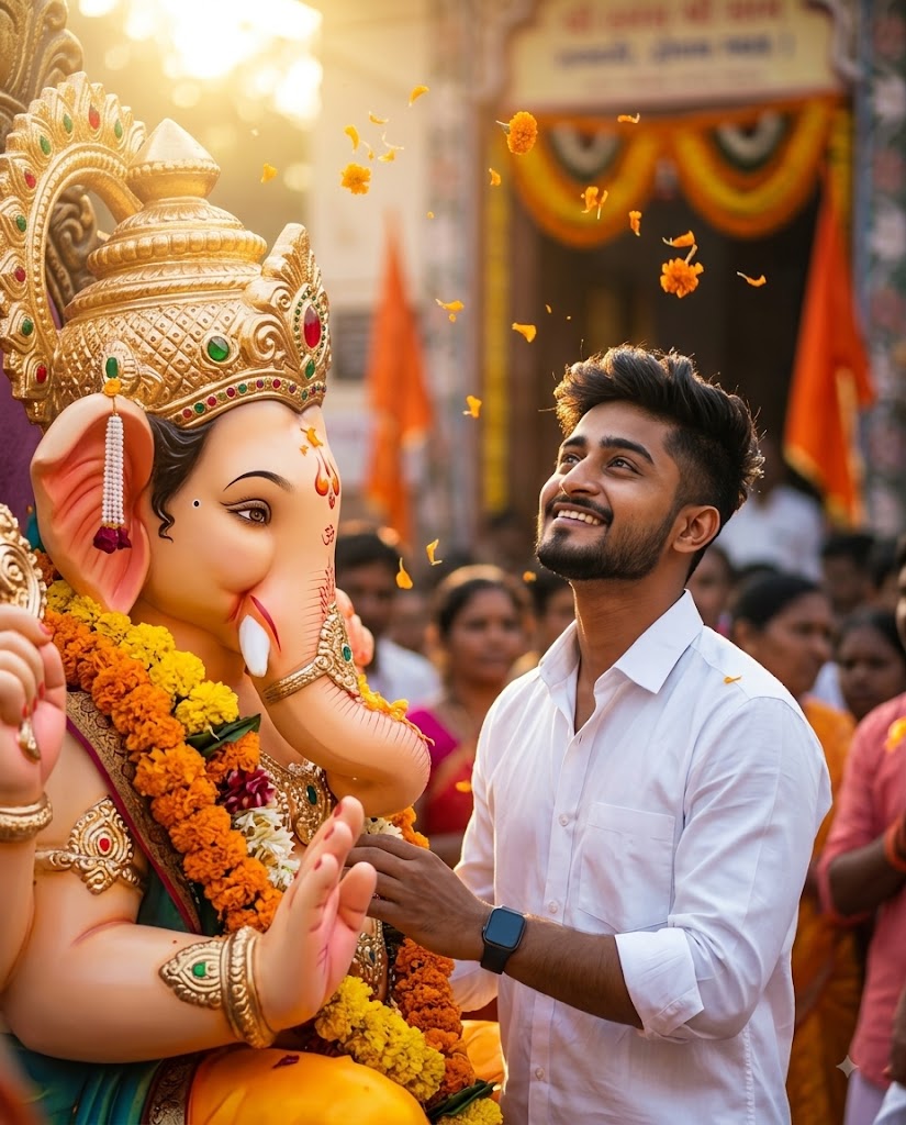Lord Ganesha Blessing AI Photo Prompt – Cinematic Indian Devotional Portrait