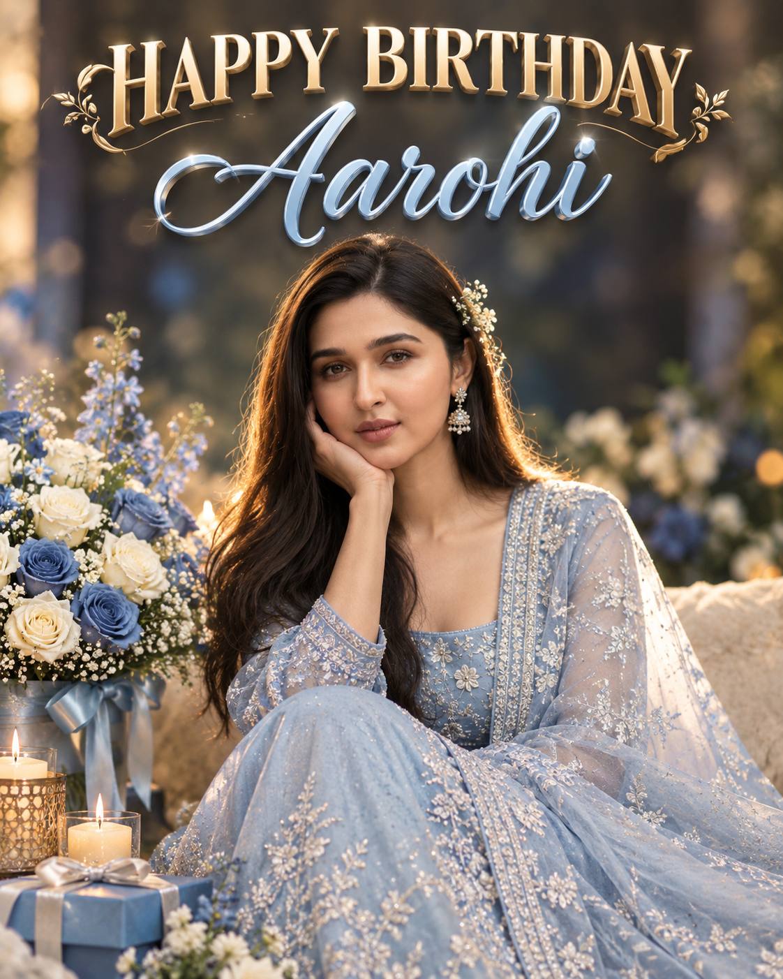 Luxury Birthday Girl AI Prompt – Powder Blue Ethnic Outfit with 3D “name” Typography