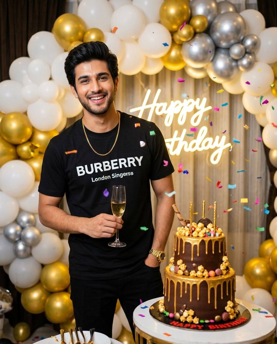 Luxury birthday man AI prompt | Black designer tee, cake & neon sign