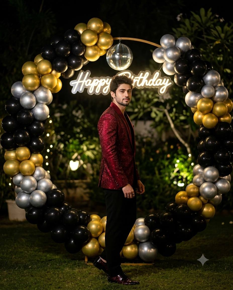 Luxury birthday man AI prompt | Red shimmer blazer & neon birthday sign