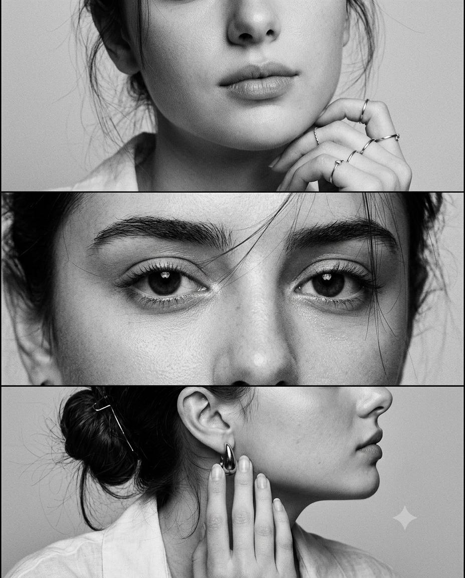 three-panel woman portrait AI image prompt Gemini | Black-and-white high-fashion editorial