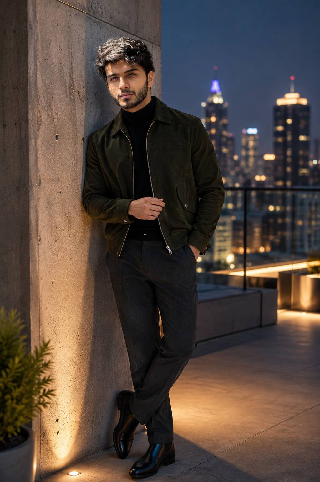 Luxury Black Turtleneck & Olive Suede Jacket – Cinematic Blue Hour Men’s Fashion Portrait
