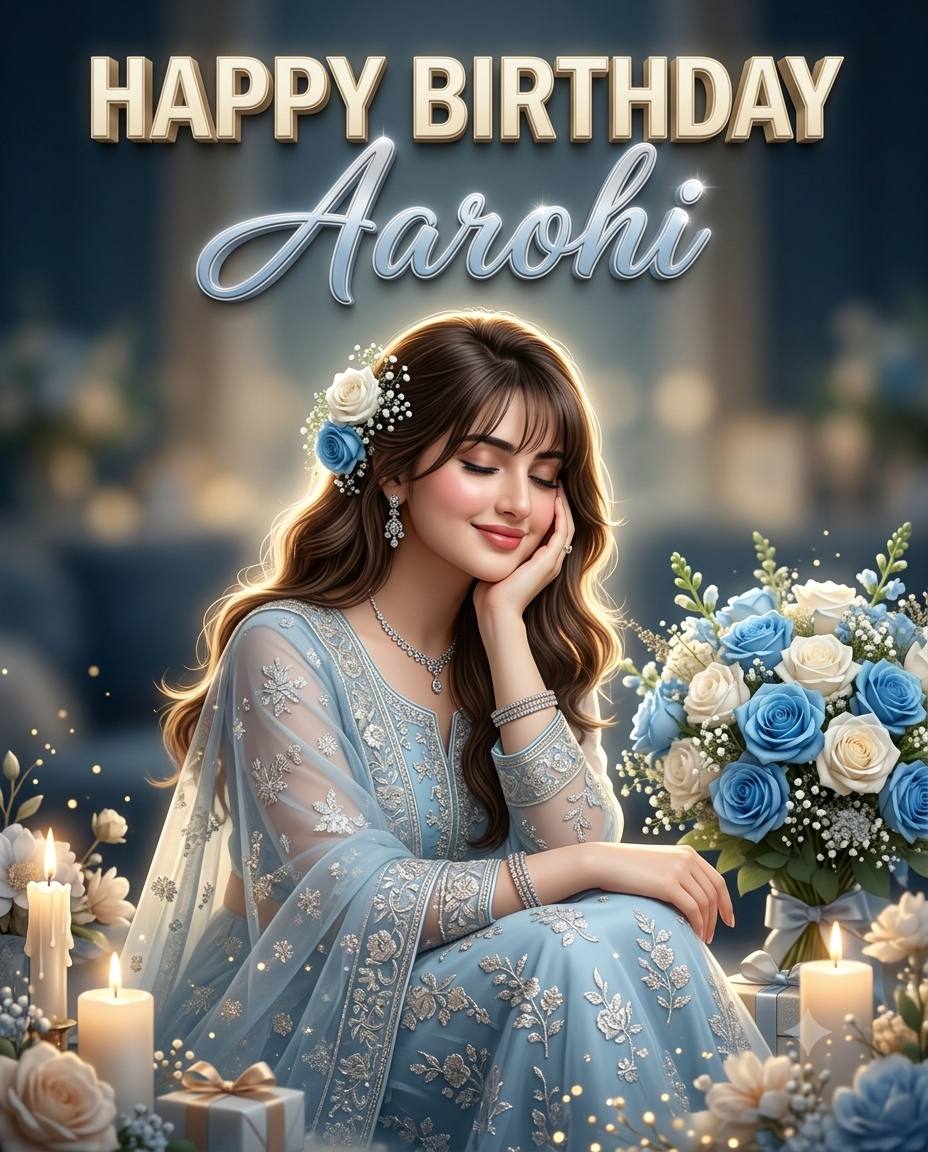 Luxury Birthday Girl AI Prompt – Powder Blue Ethnic Outfit with 3D “name” Typography