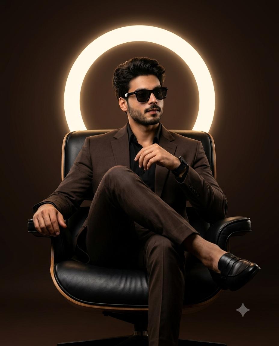 Luxury brown suit AI prompt | Leather chair & halo studio lighting 8K Portrait