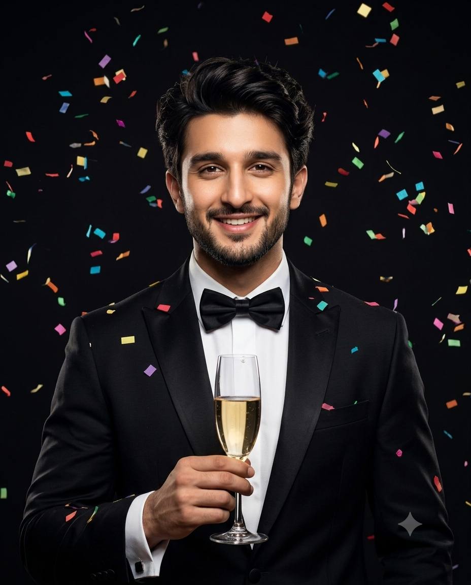 Luxury Celebration Portrait – Man in Black Tuxedo with Colorful Confetti | 4K AI Prompt