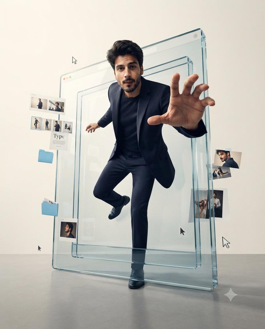 Conceptual tech portrait AI prompt | Man in navy suit & glass interface