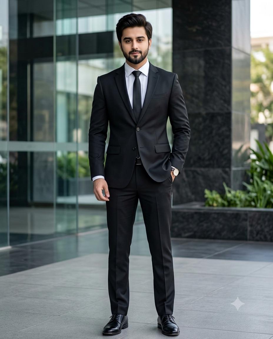 Luxury corporate man AI prompt | Black suit & modern office entrance