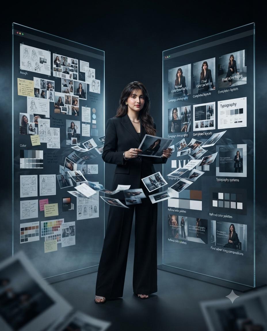 Creative director AI prompt | Glass design panels & cinematic tech editorial