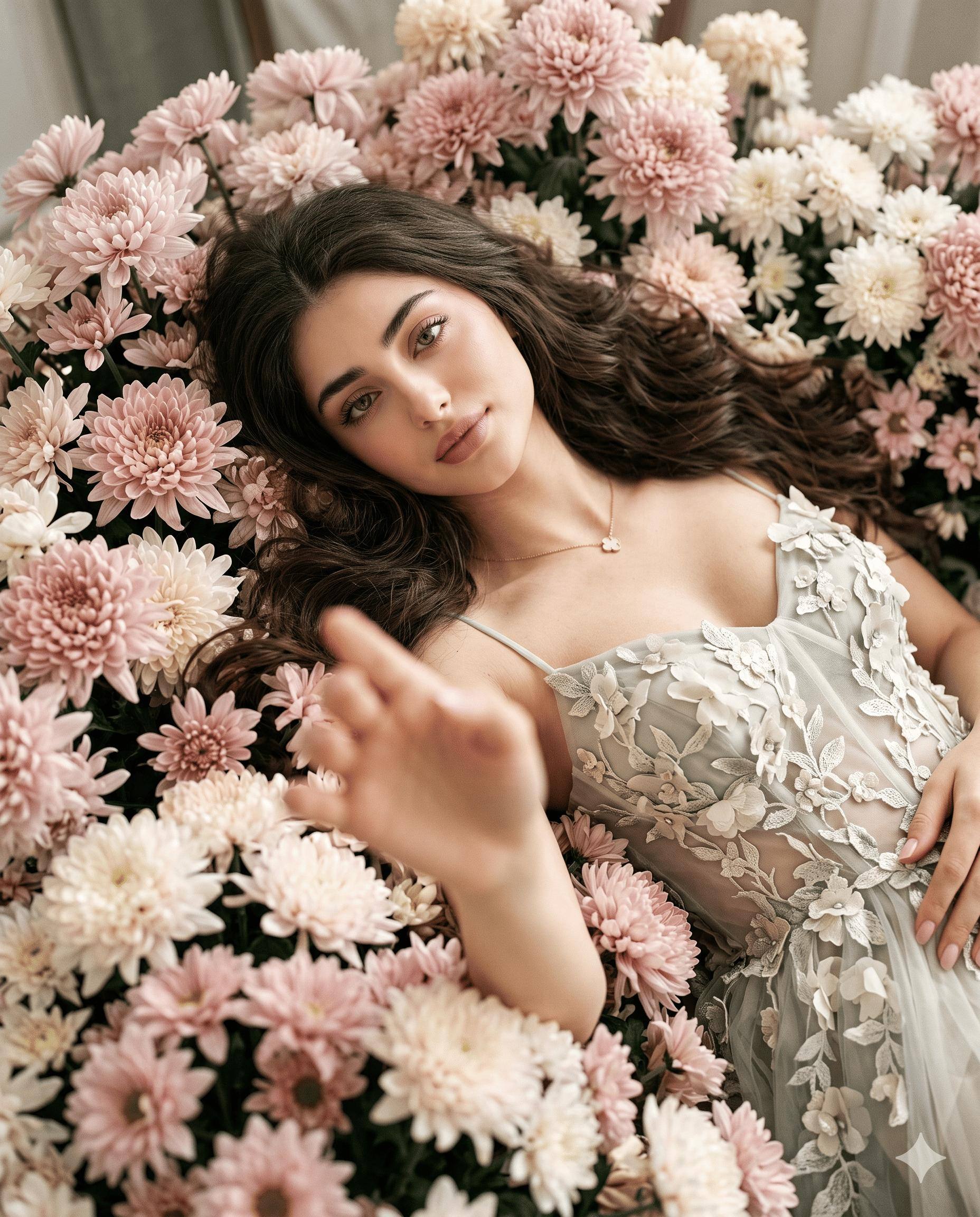 Floral Couture AI Image Prompt Gemini | Sage-Gray Gown & Pastel Chrysanthemums 8K Editorial Photography