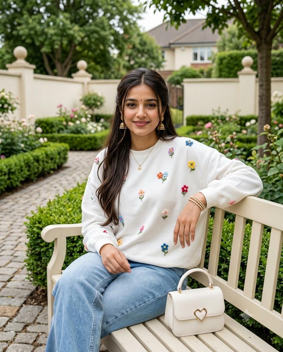 Luxury garden woman AI prompt | Floral sweatshirt, blue jeans & courtyard 8K