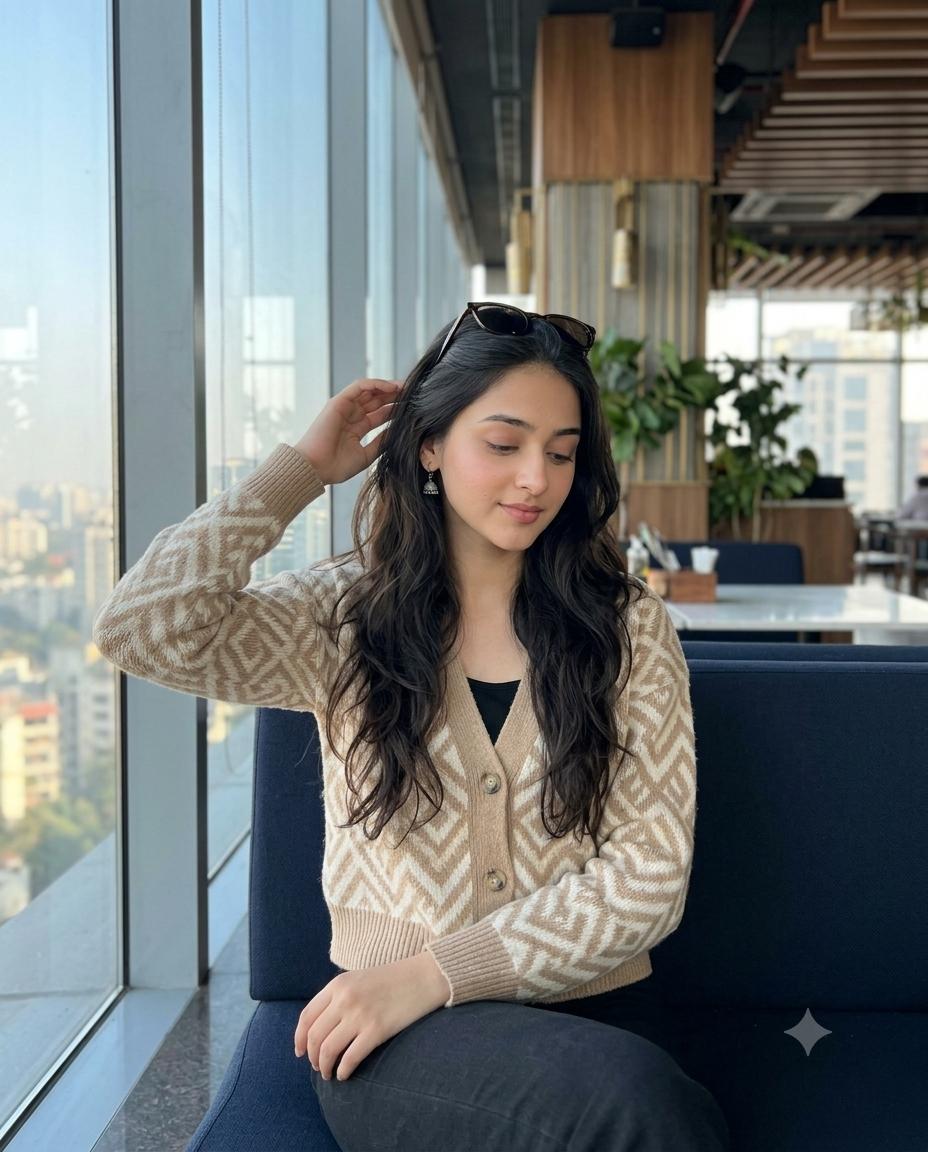 Luxury café woman AI prompt | Beige cardigan & high-rise window view 4K