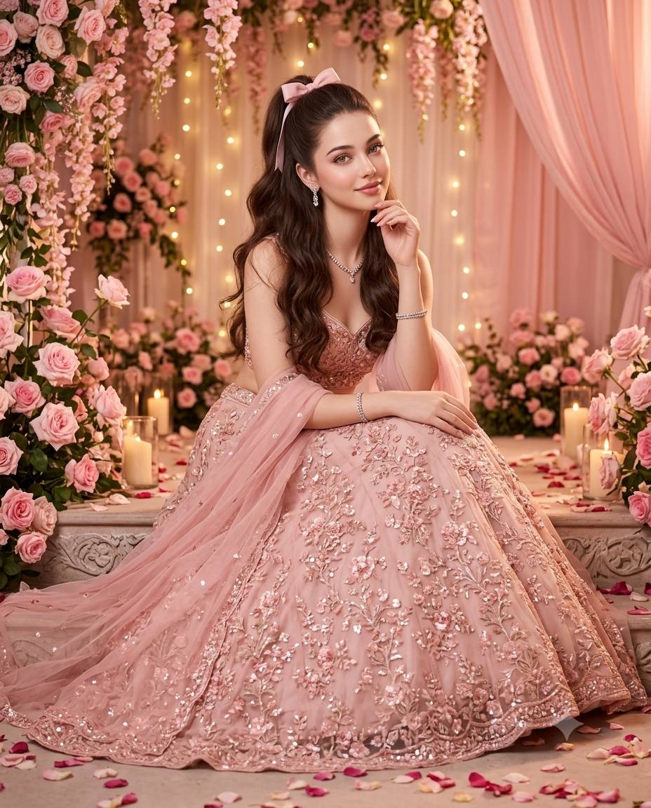 Blush Pink Bridal Lehenga Portrait in Dreamy Floral Studio | Ultra-Realistic AI Image Prompt