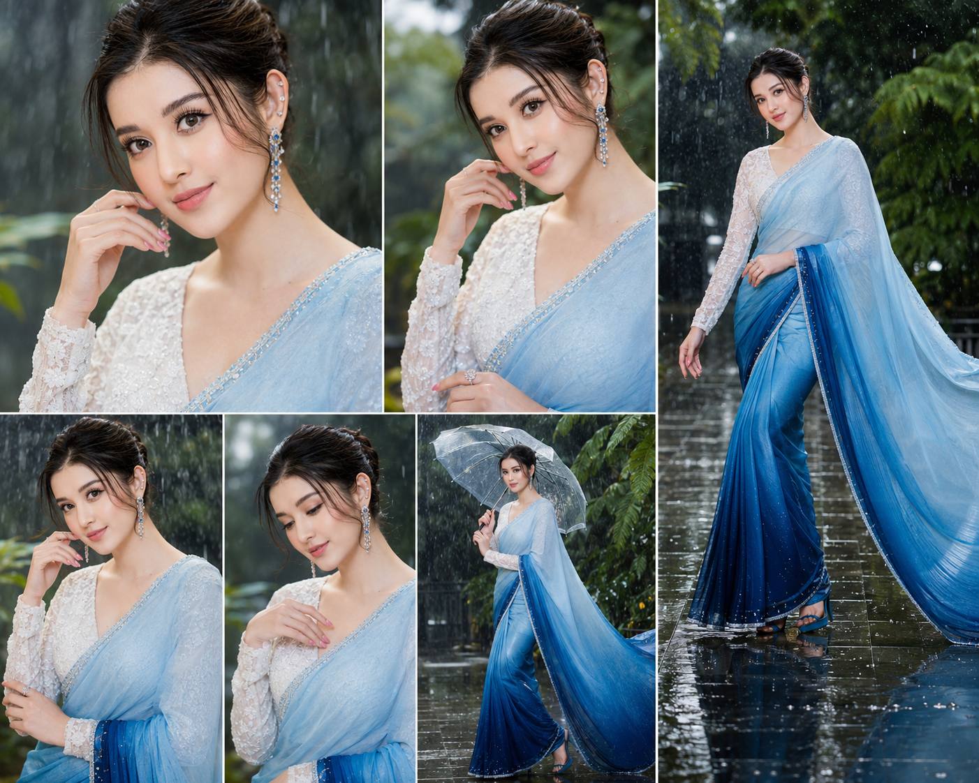 Luxury Monsoon Saree Fashion Editorial Collage | Cinematic AI Portrait Prompt