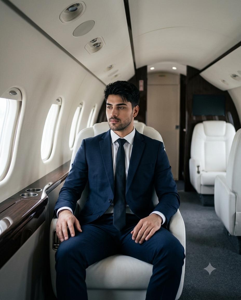 Man Private Jet Portrait AI Image Prompt | Navy Suit & Cinematic Executive Travel Style