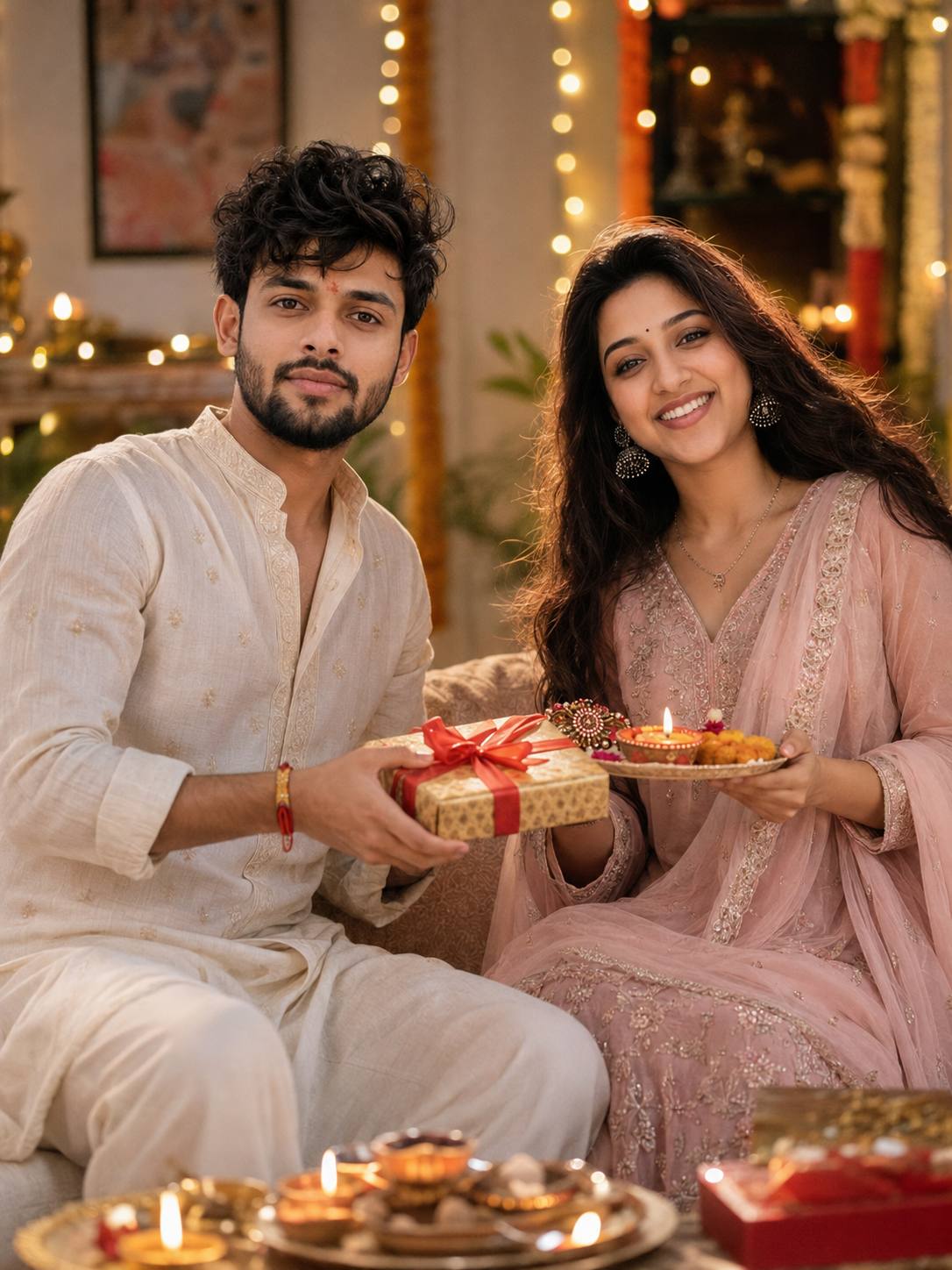 Luxury Raksha Bandhan Brother-Sister Gift Celebration – Cinematic 8K AI Image Prompt
