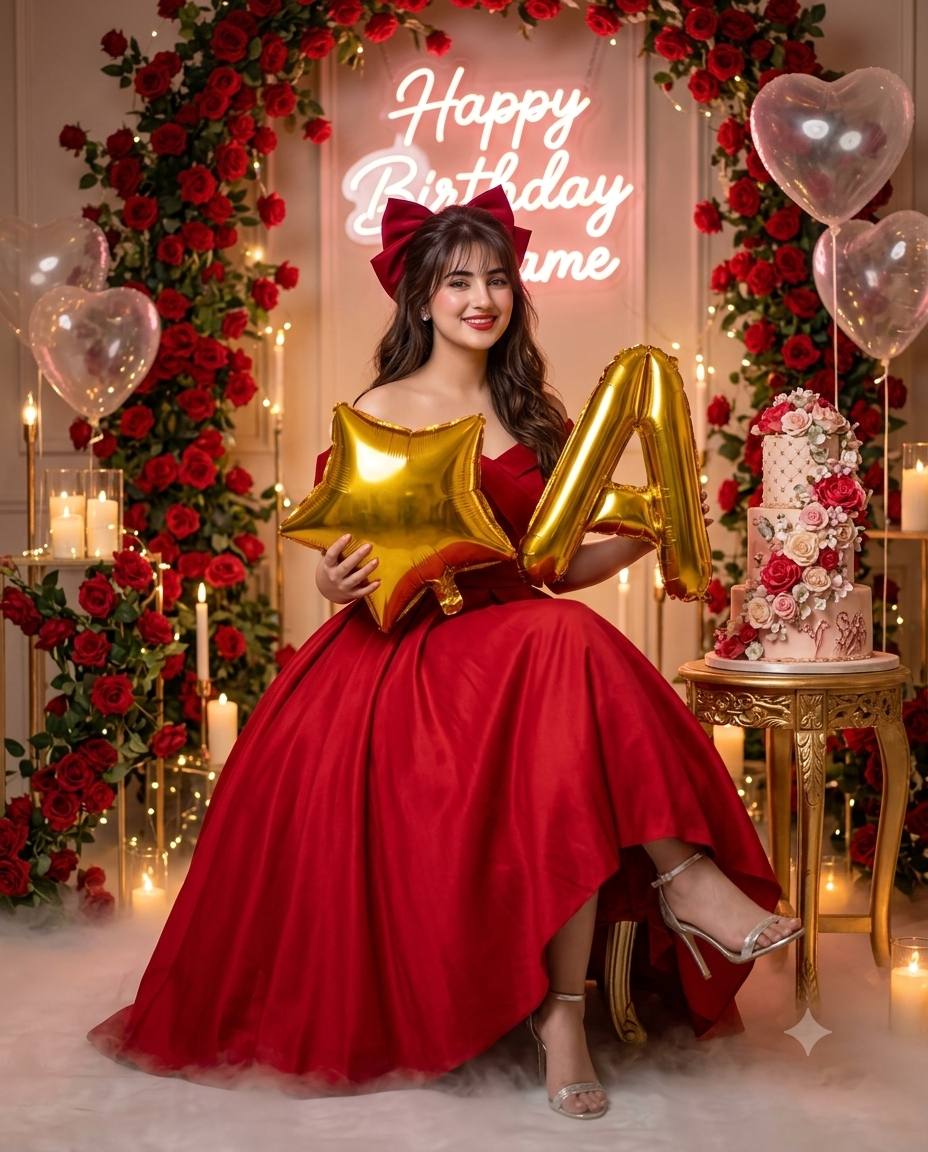 Luxury red birthday AI prompt | Off-shoulder gown, gold balloons & roses