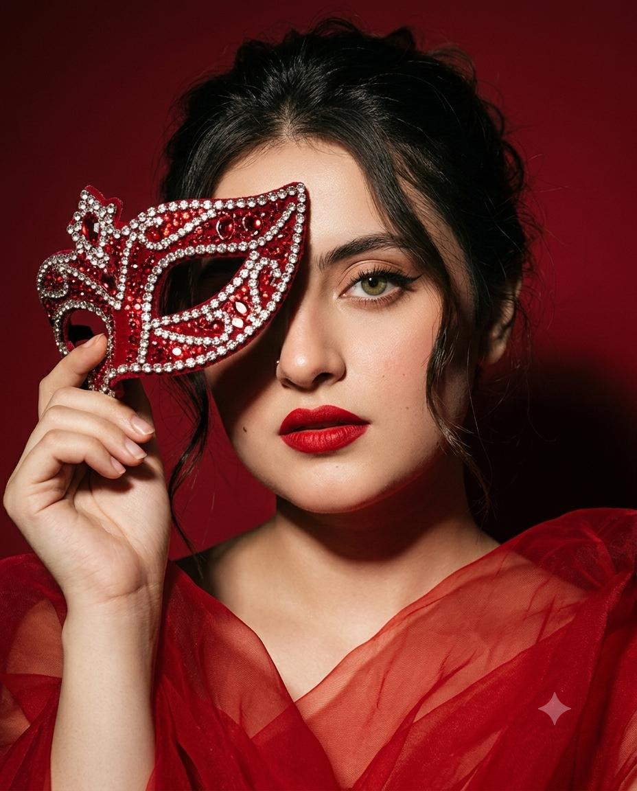 Red Masquerade Beauty Portrait AI Image Prompt Gemini | Luxury Crimson Editorial with Crystal Rhinestone Mask