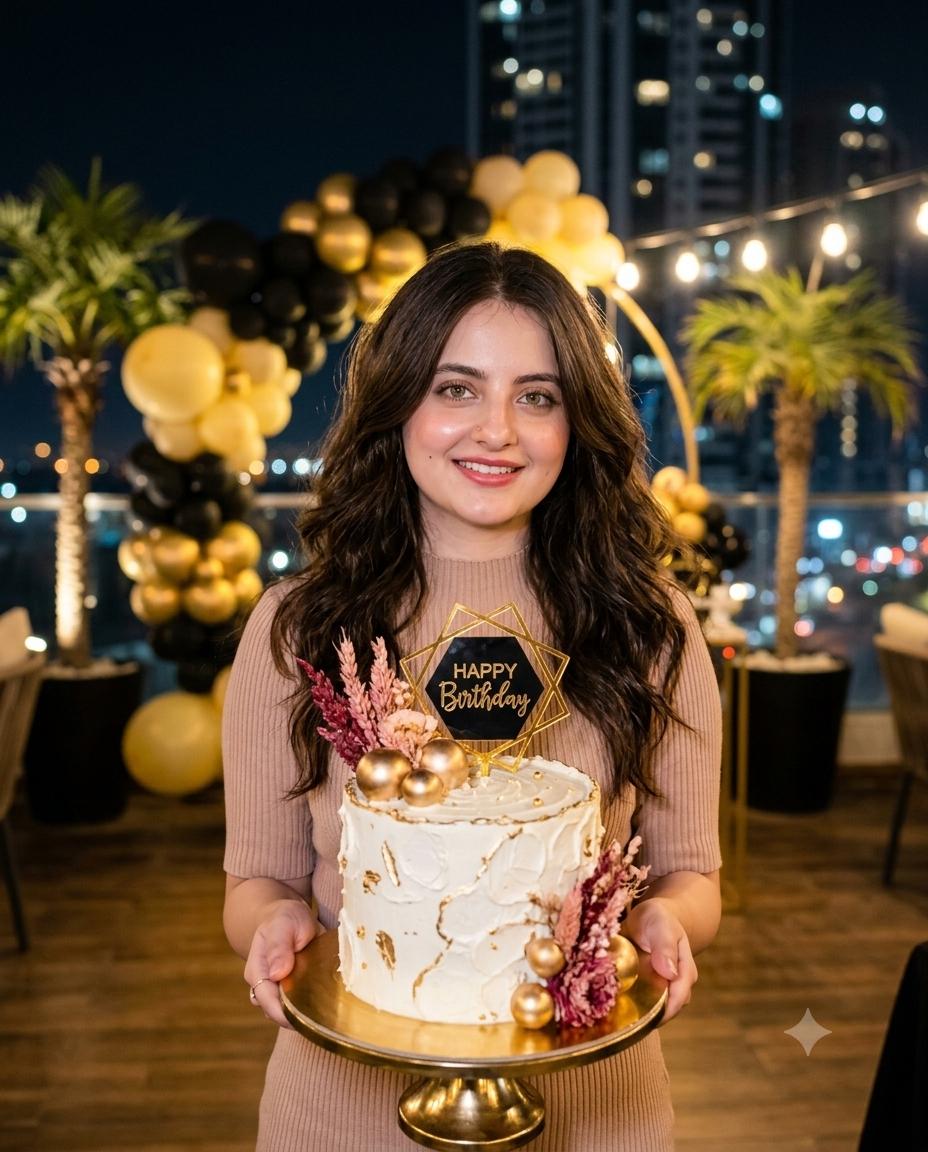 Luxury Rooftop Birthday Portrait AI Image Prompt Gemini | White-Gold Cake & Black-Gold Balloon Decor
