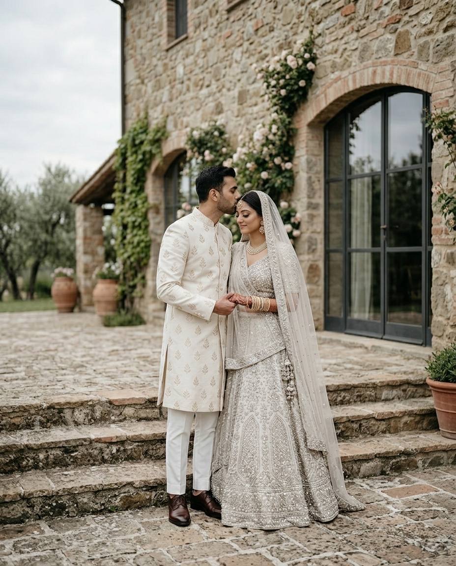 Luxury South Asian Wedding Couple in Ivory Lehenga & Sherwani Portrait AI prompt