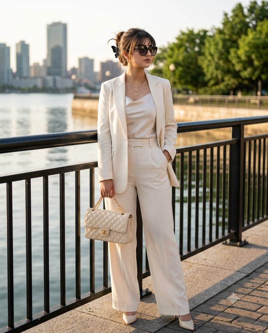 Luxury Waterfront Fashion Golden-Hour Style AI Image Prompt | Cream-White Blazer Portrait