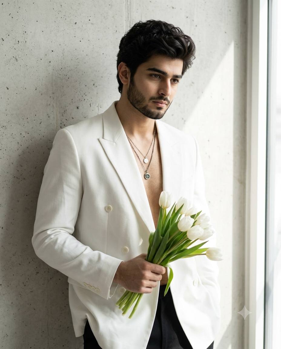 Luxury white blazer portrait AI prompt | Tulip bouquet and minimalist fashion