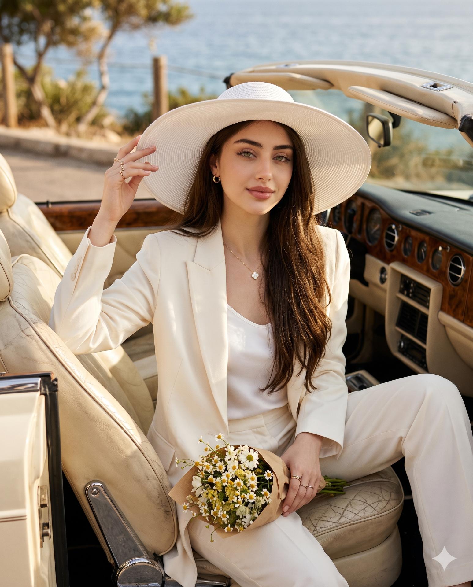Luxury White Suit AI Image Prompt Gemini | Cream Convertible & Golden-Hour Fashion Photography
