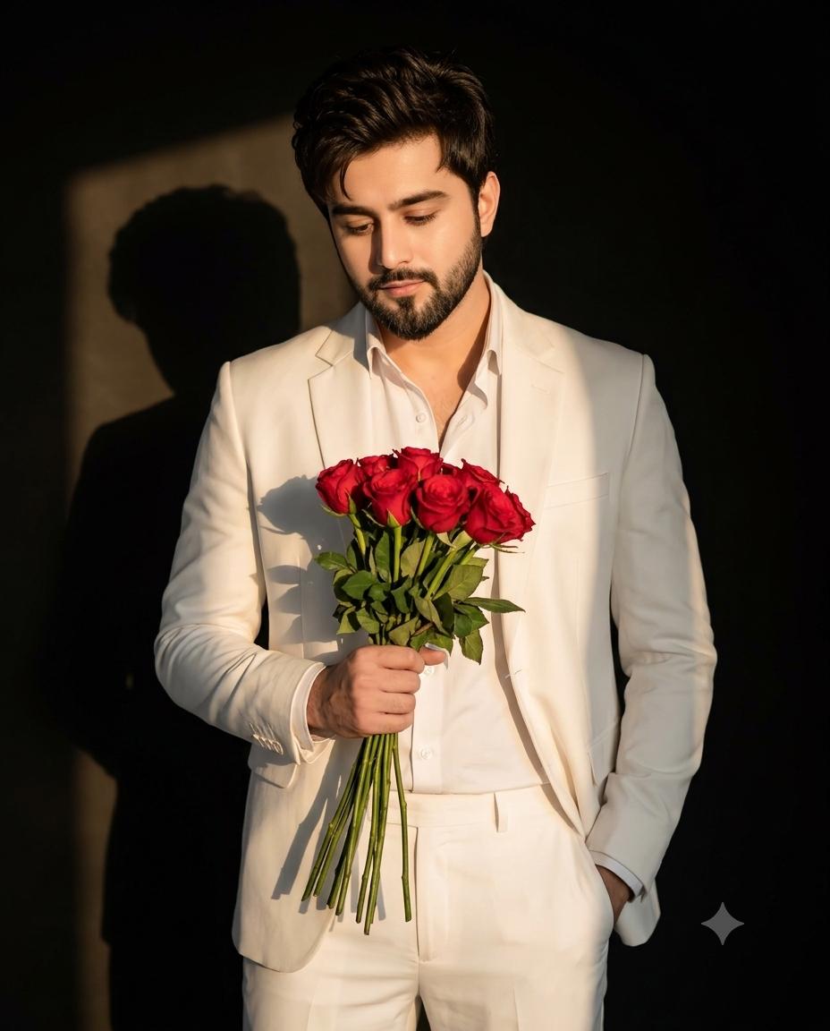 luxurious man rose portrait AI prompt | White suit, red roses & chiaroscuro lighting