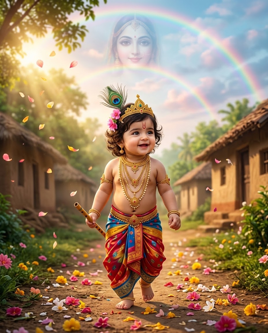 Magical Baby Krishna Walking Through a Flower Village with Double Rainbow – Ultra Realistic AI Image Prompt