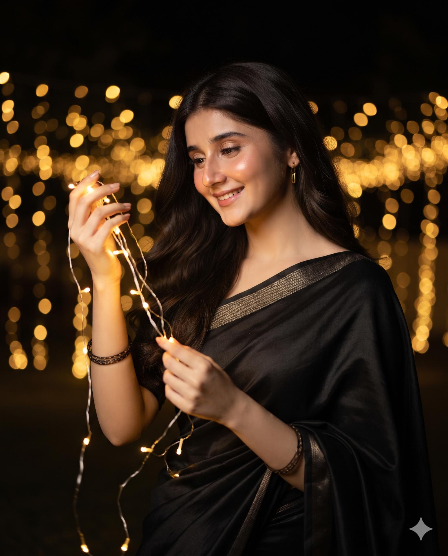 Black Saree Portrait AI Image Prompt Gemini | Golden Fairy Lights & Cinematic Night Photography