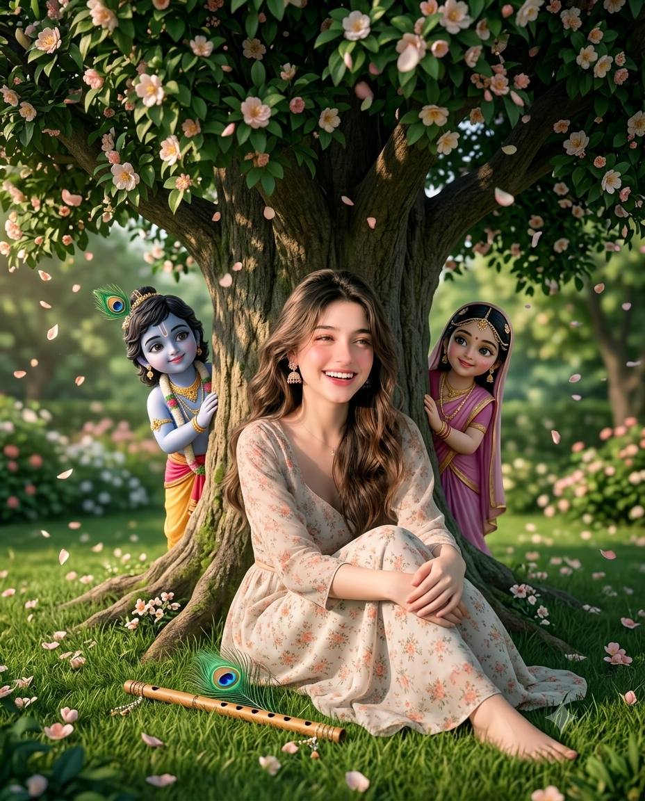 Magical Krishna Garden Portrait with Little Krishna and Radha – Ultra-Realistic AI Image Prompt
