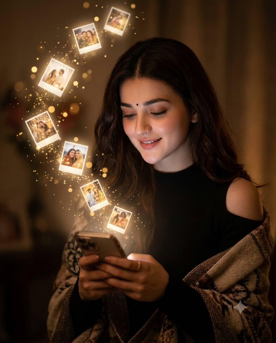 Magical Nostalgic woman AI prompt | Smartphone memories & warm golden bokeh