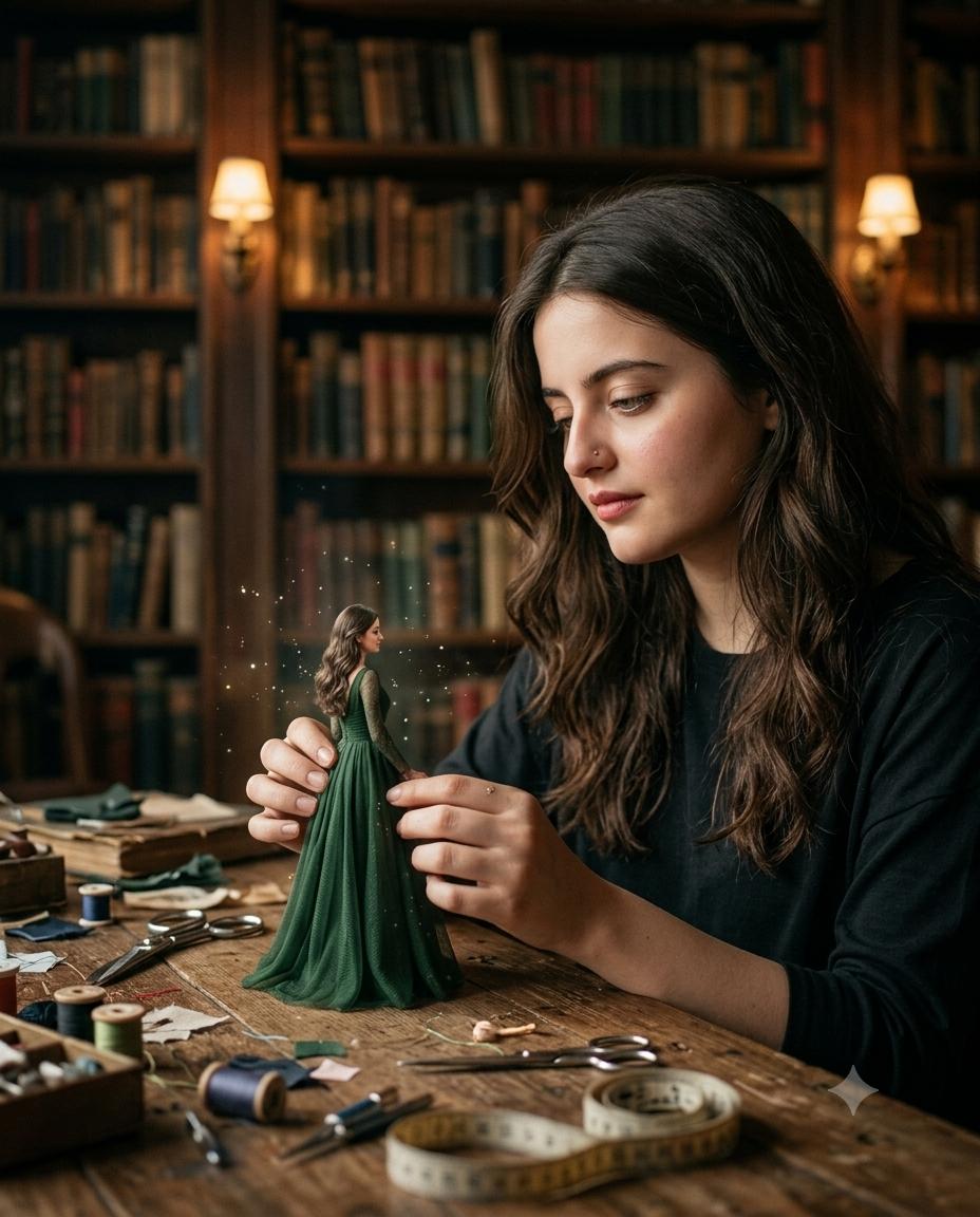 Magical realism woman portrait AI image prompt Gemini | Miniature self, flowing green dress and vintage library