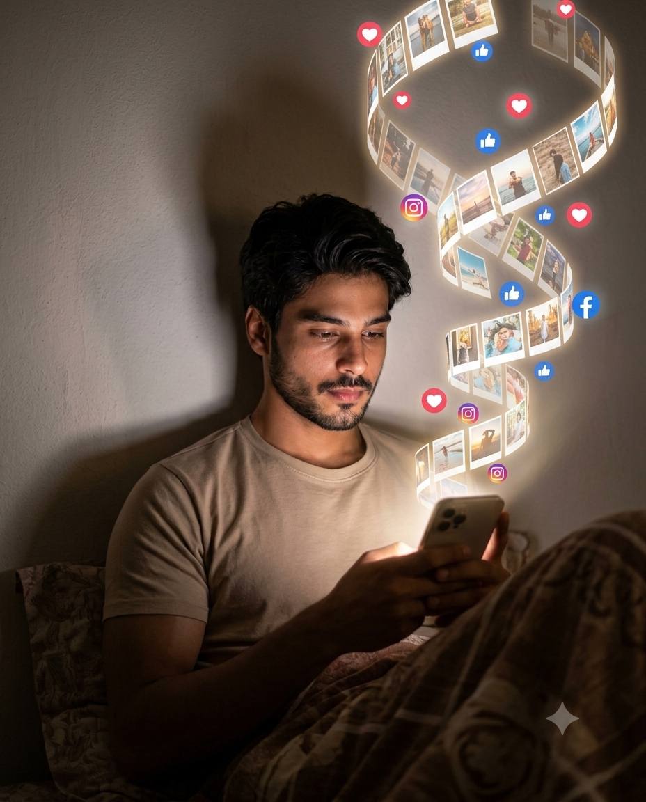 Magical Social media night AI prompt | Glowing phone, floating photos & 3D icons
