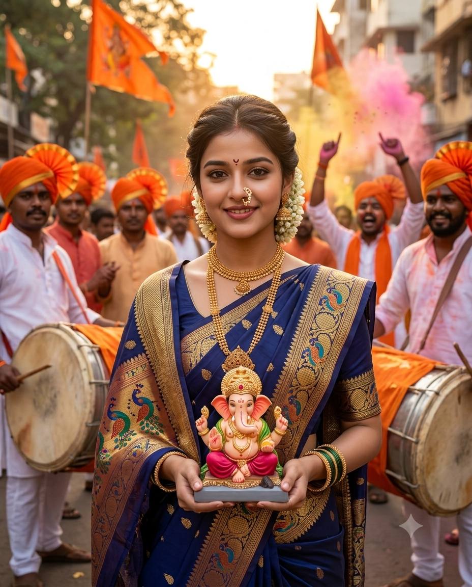 Maharashtrian Woman Ganesha Portrait Prompt | Cinematic Paithani Festive Photography | AI image prompt