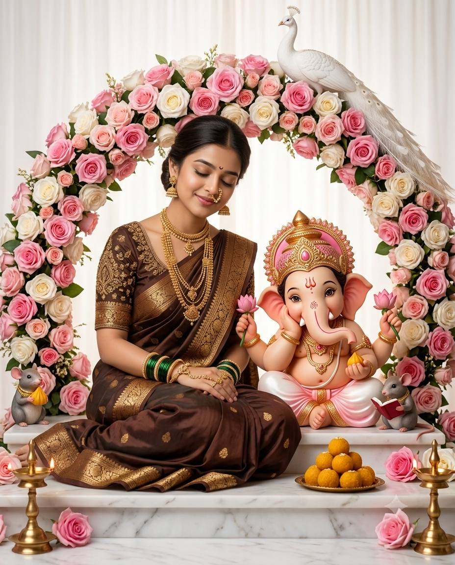 Maharashtrian Woman with Lord Ganesha | Ultra-Realistic Devotional Saree Portrait AI Prompt