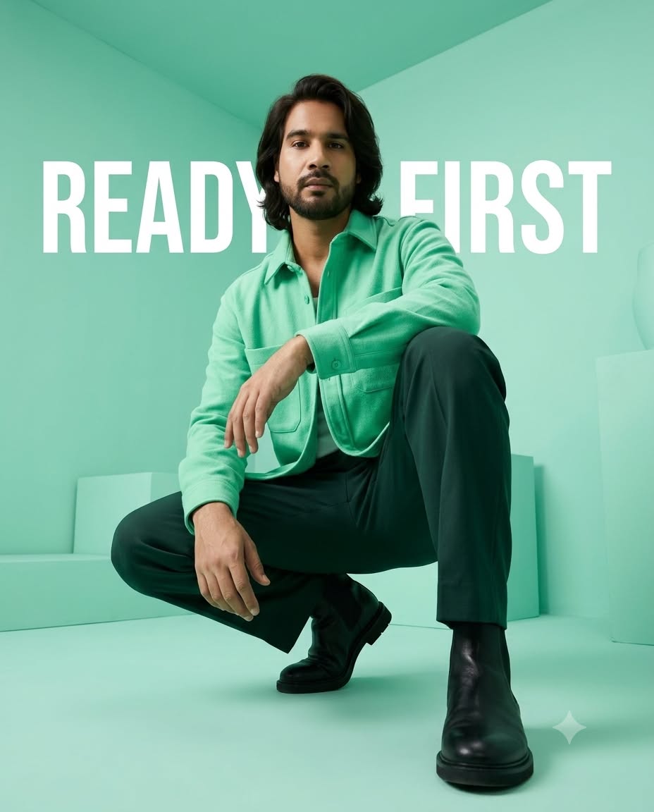 Male Fashion Model Mint Green Editorial AI Prompt Luxury Studio 4:5