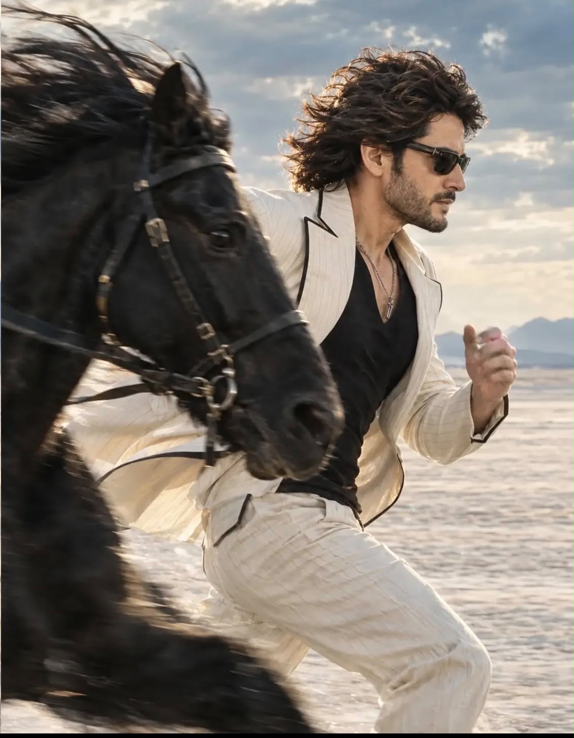 Man Riding Black Horse Coastal Fashion AI Prompt Cinematic 3:4