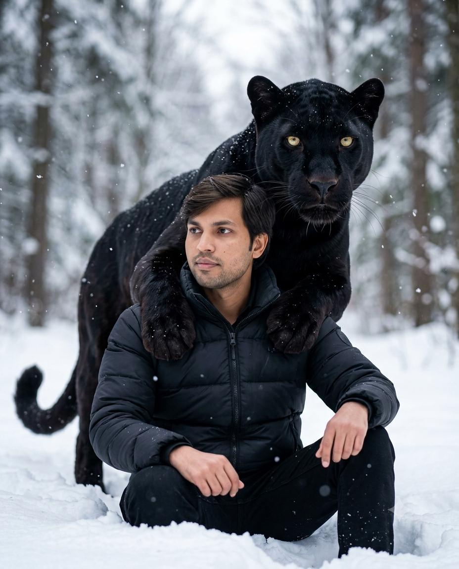 Man with Black Panther Cinematic Style AI Image Prompt | Snowy Forest Wildlife Portrait