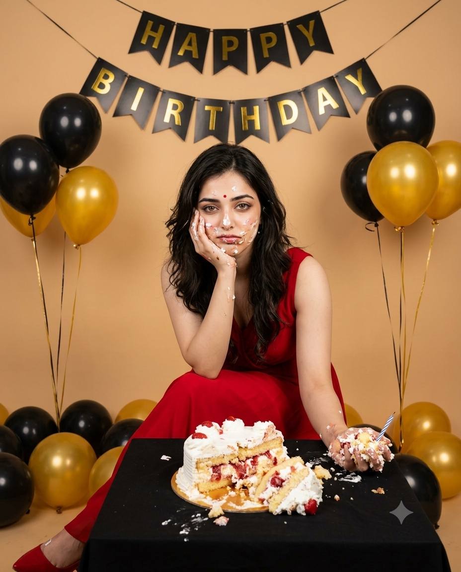 Birthday cake smash AI prompt | Red gown, cake-covered face & gold balloons