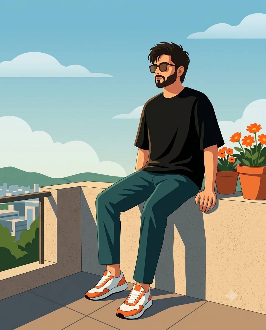 Minimalist balcony man illustration AI prompt | Flat colors, teal trousers and orange flowers